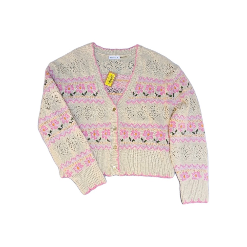 Vestique Susie Cardigan Sweater Cream Pink Floral Knit Embroidery Women Size L